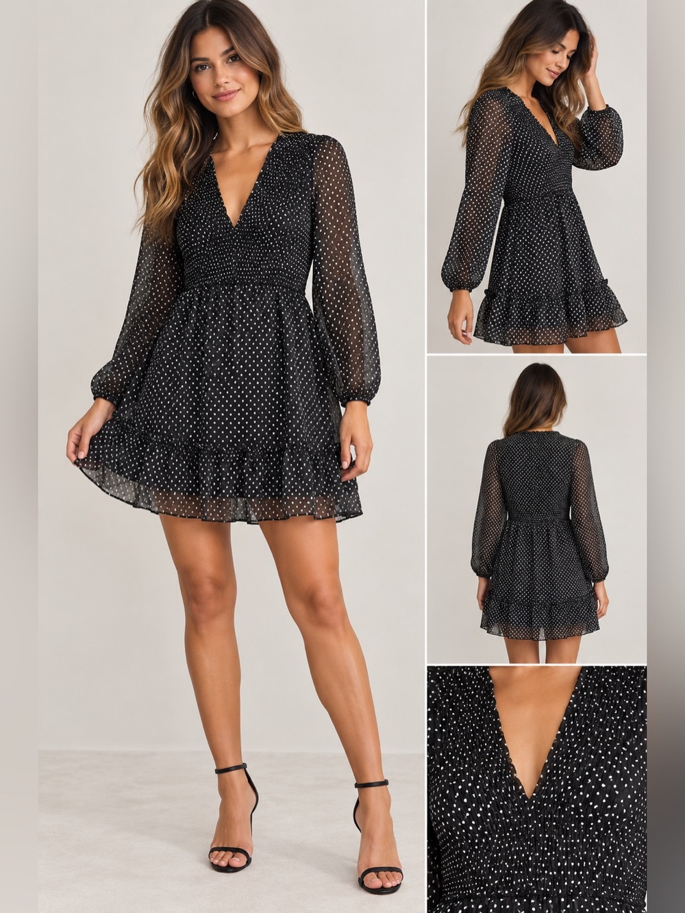 Zara Black White Polka Dot Smocked babydoll Ruffle Mini Dress size M